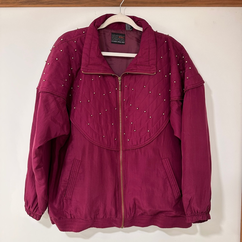 Mureli Vintage Silk Bomber Jacket Women XL‎ Magenta Studded Quilted | Retro 80s